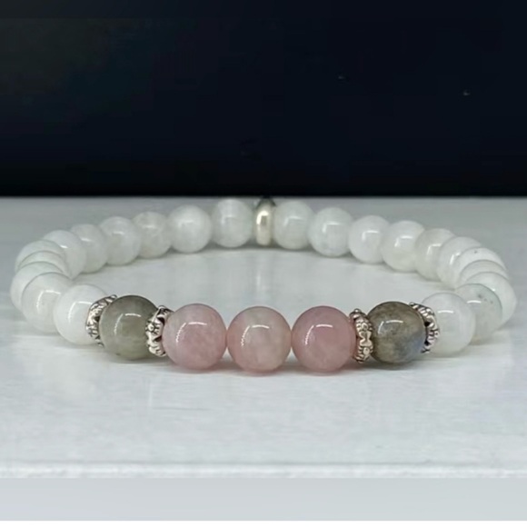 Moonstone Labradorite Rose Quartz Healing Bracelet Stretch w/ Silver Accents NWT - Picture 3 of 14